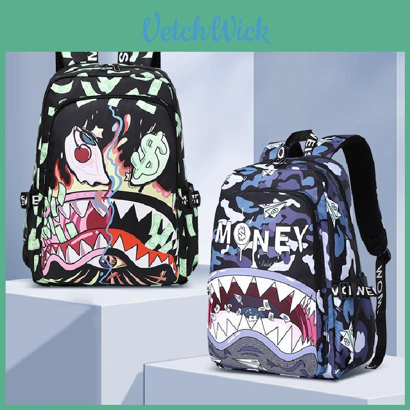 Kids Waterproof Nylon Backpack With Shark Print For Elementary School Use And Daily Carry
