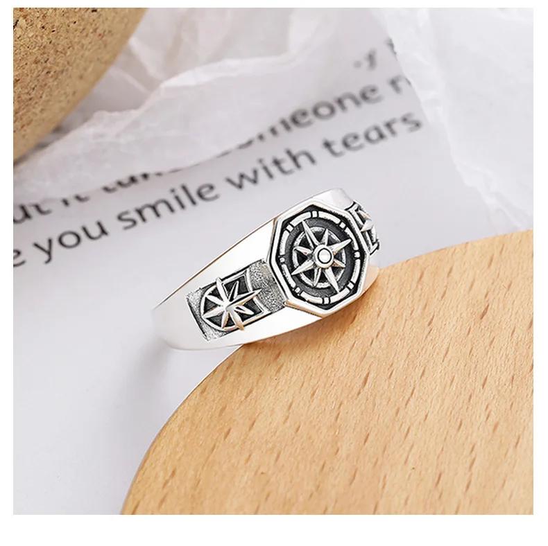 Retro Poseidon Compass Ring Silver-Plated Adjustable Hexagram Opening Jewelry Gift for Men and Women Hip-Hop Trend