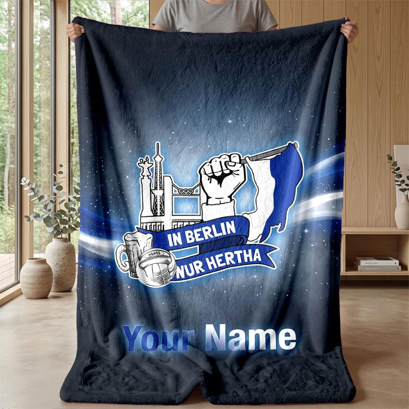 Hertha Bsc Custom Name Text Flannel Blanket Soccer Logo Personalized Fleece Throw Blanket Special Gift For Sofa Bedroom Home