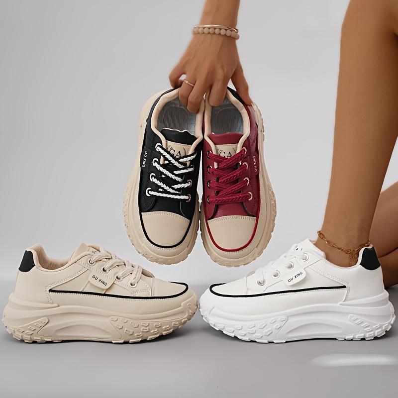 Damen Plateau-Sneaker, Modische Dicksohlige Dad Shoes, Vielseitige Lässige Sportschuhe Für Studenten, Atmungsaktive Schnür-Turnschuhe