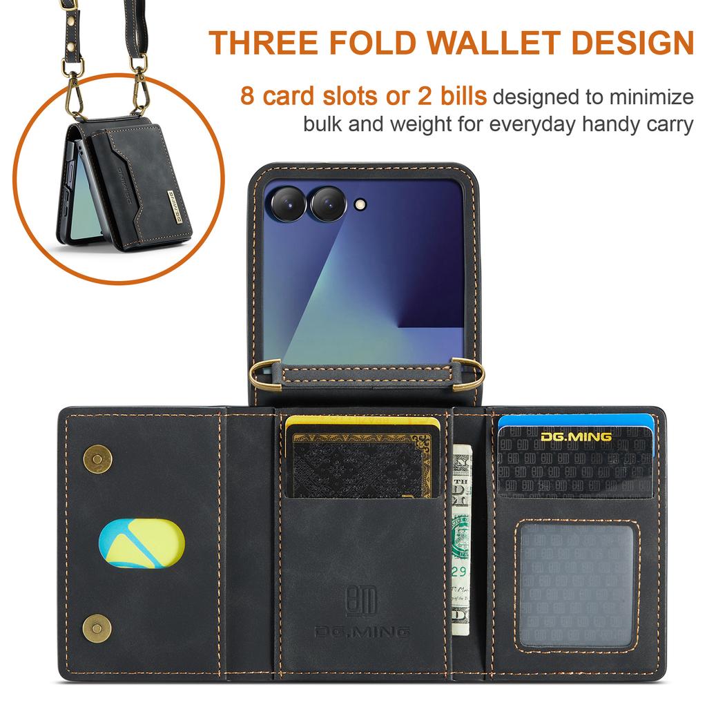 Crossbody Auto Leather Phone Case for Samsung Galaxy Z Flip 7 Flip6 5 4 3 Long Strap Metal Button Card Slot Wallet Stand Cover