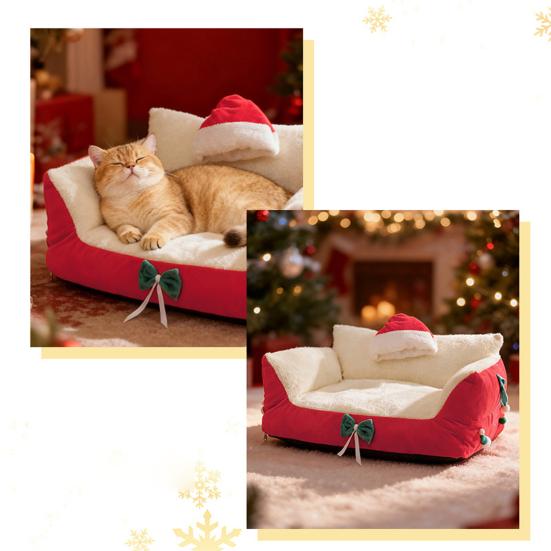 Christmas Cat Bed Fluffy Pet Sofa Bed with Removable Washable Cover Cozy Plush Cat Sofa for Winter Holiday Indoor Cats Rest Play