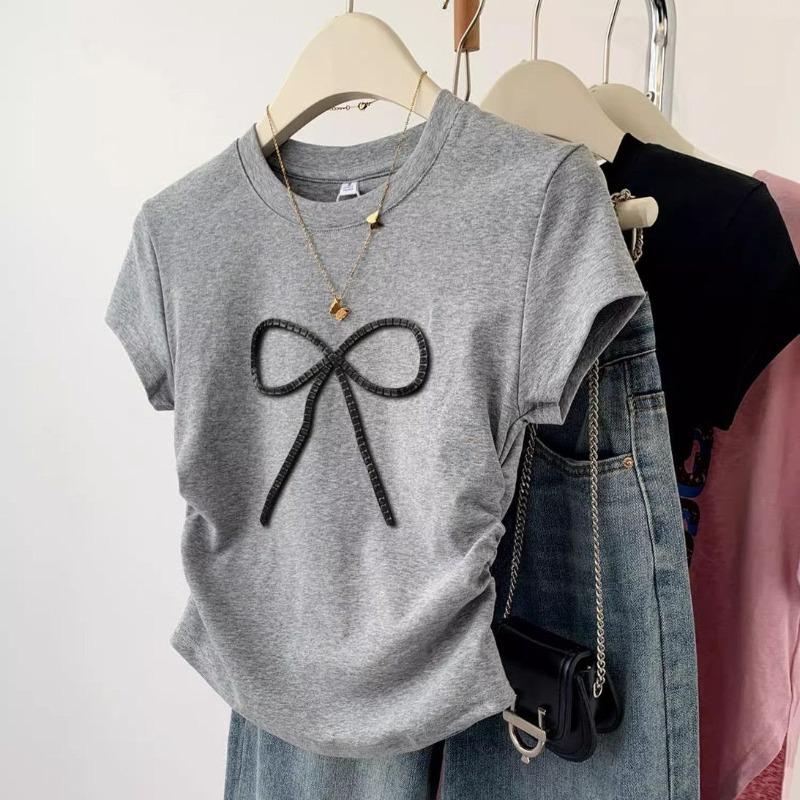 Трехмерный Бант Короткий Рукав Женский Новый Чистый Блеск Горячая Девушка Облегающий Универсальный Короткий Топ S серый