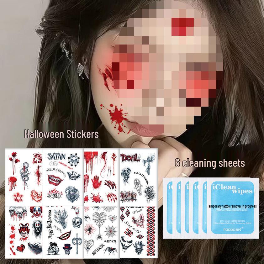 Halloween Makeup: Horror Scars, Fake Teeth, Little Tiger Teeth, and Blush Tattoo Stickers for Party Decoration