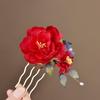 Red Silk Flower Hairpin - Ancient Style Metal Hair Accessory with Floral Headdress for Cheongsam and Hanfu.