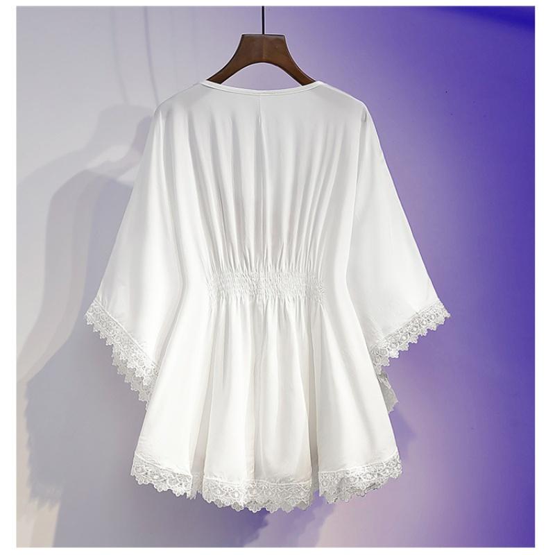 Women Summer Tees Retro Style Embroidery Blouses Cloak Top Loose Cotton Lace Hem Bat Sleeve Kimono Shirts Blusa Feminina