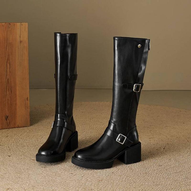 Herbst- und Winter Damen Leder Ritterstiefel einfarbig Reißverschluss hinten hoher Absatz große Größe Damenstiefel vielseitig quadratischer Absatz Rindsleder hohe Stiefel