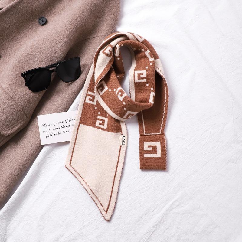 New knitted small scarf women's wool scarf autumn and winter small ears letter camellia narrow scarf