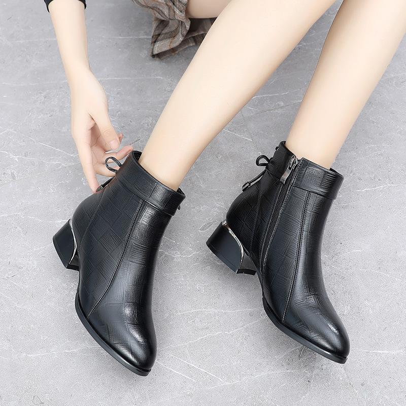 Fashion GKTINOO New Ankle Boots Women Pointed Toe Thick Heels Genuine Leather Shoes Short Boots Soft Sole Footwear Plus Size 35-43