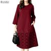 Women Round Neck 3/4 Sleeve Lace Patchwork Casual Dress
