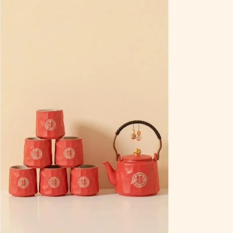 High end Chinese ceramic tea set red handmade tea cup bamboo tray home wedding tea set holiday gift