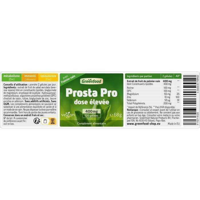 Greenfood prosta pro, 400 mg, dose élevée, 120 gélules, aide à protéger les cellules contre le stress oxydatif. vegan.