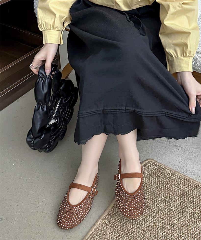 Foreign Trade Full Diamond Mary Jane Single Shoes Women's 2025 New Shallow Mouth One-word Buckle with Round Head Flat-soled Beanie Shoes