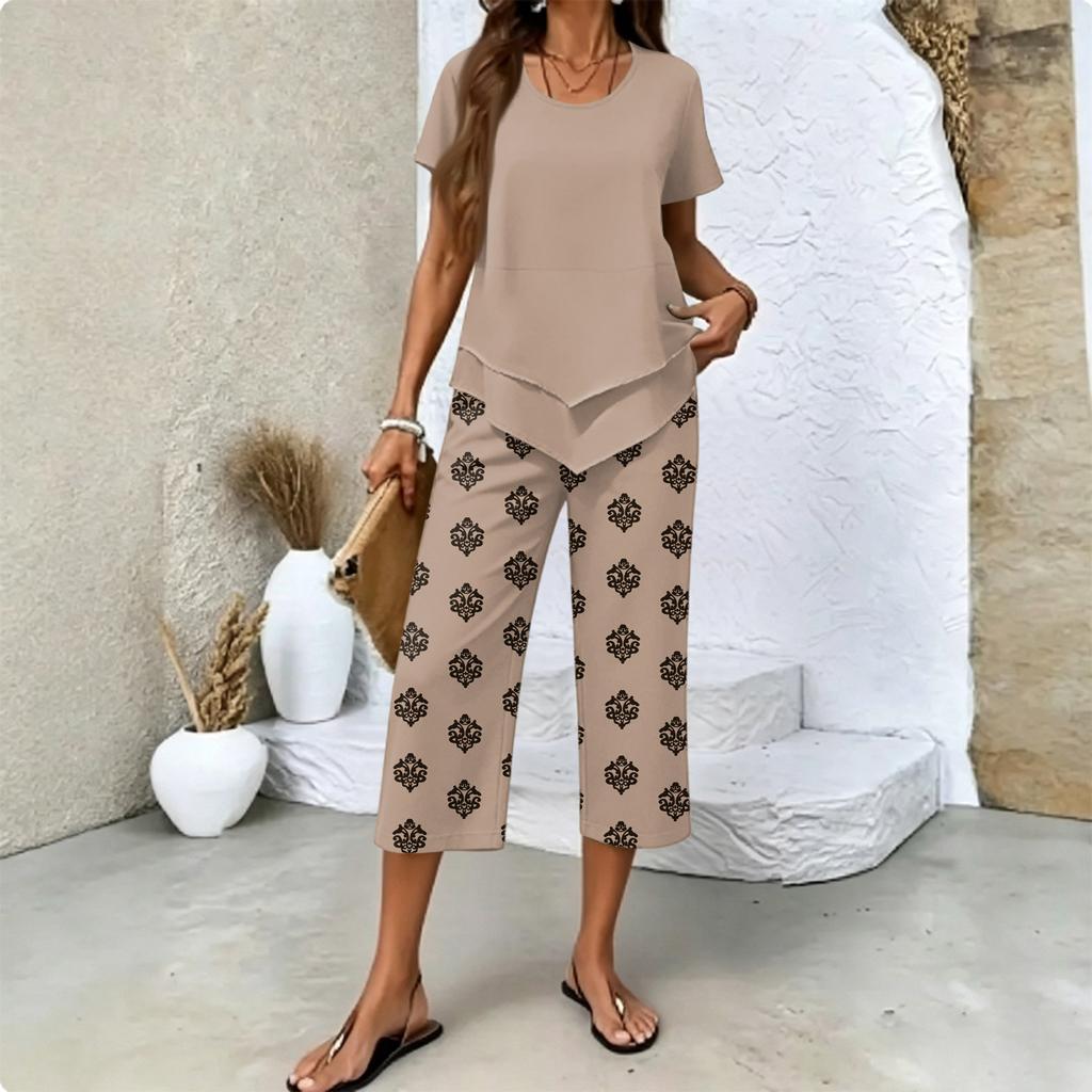 Women's Casual Printed T-Shirt and Pants Set Summer Fashion 2 Piece Outfit