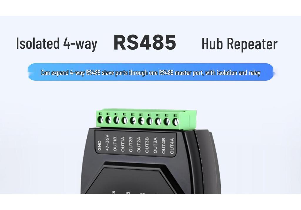 Industrial Isolated 4-Port RS485 Hub Repeater, DIN Rail Mount, Wide Baud Rate