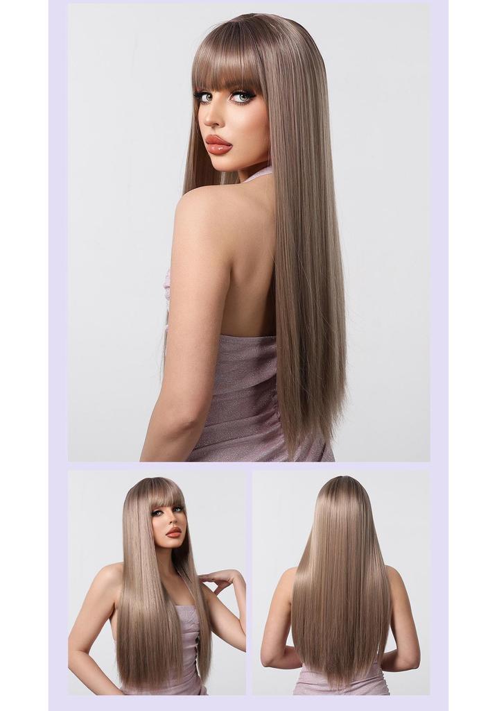 European Style Champagne Brown Long Straight Hair Wig with Bangs