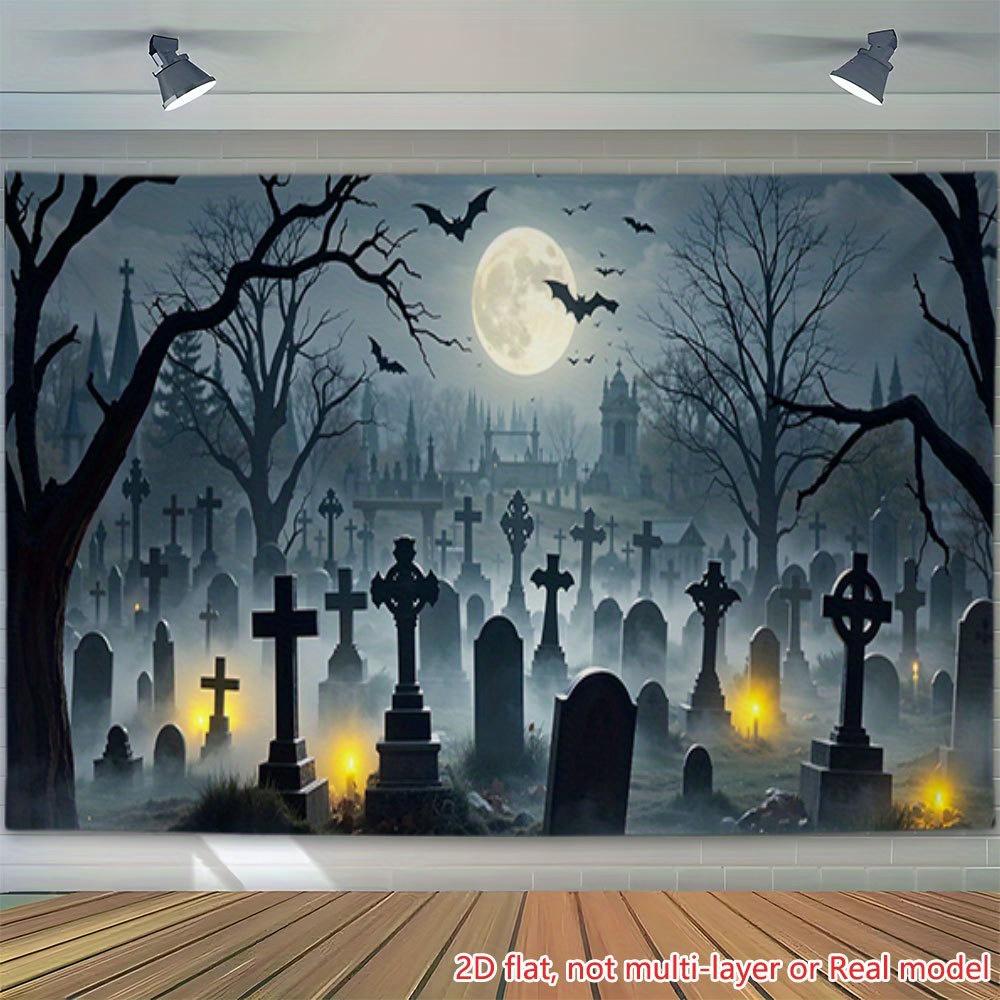 2D Flat Printing Party Banner 1 Piece Per Pack Full Moon Cemetery and Bat Pattern Extra-large Garage Background cloth.PMJ