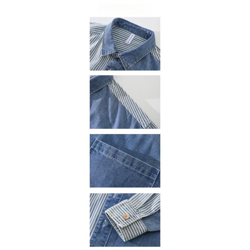 Men'S Denim Color-Block Vertical Stripe Shirt Casual Loose Fit Fashionable Long Sleeve For Spring And Autumn