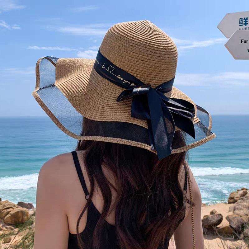Fashion Flat-Topped Straw Hats Girls Wide Brim Sun Hat Outdoor Lace Bow Strap Lightweight Uv Protection Beach Cap