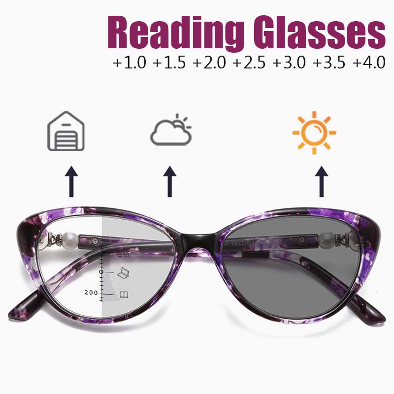 Stylish Cat-Eye Multifocal Blue Light Blocking Reading Glasses with Patterned Design Pochromic Presbyopia Glasses for Women
