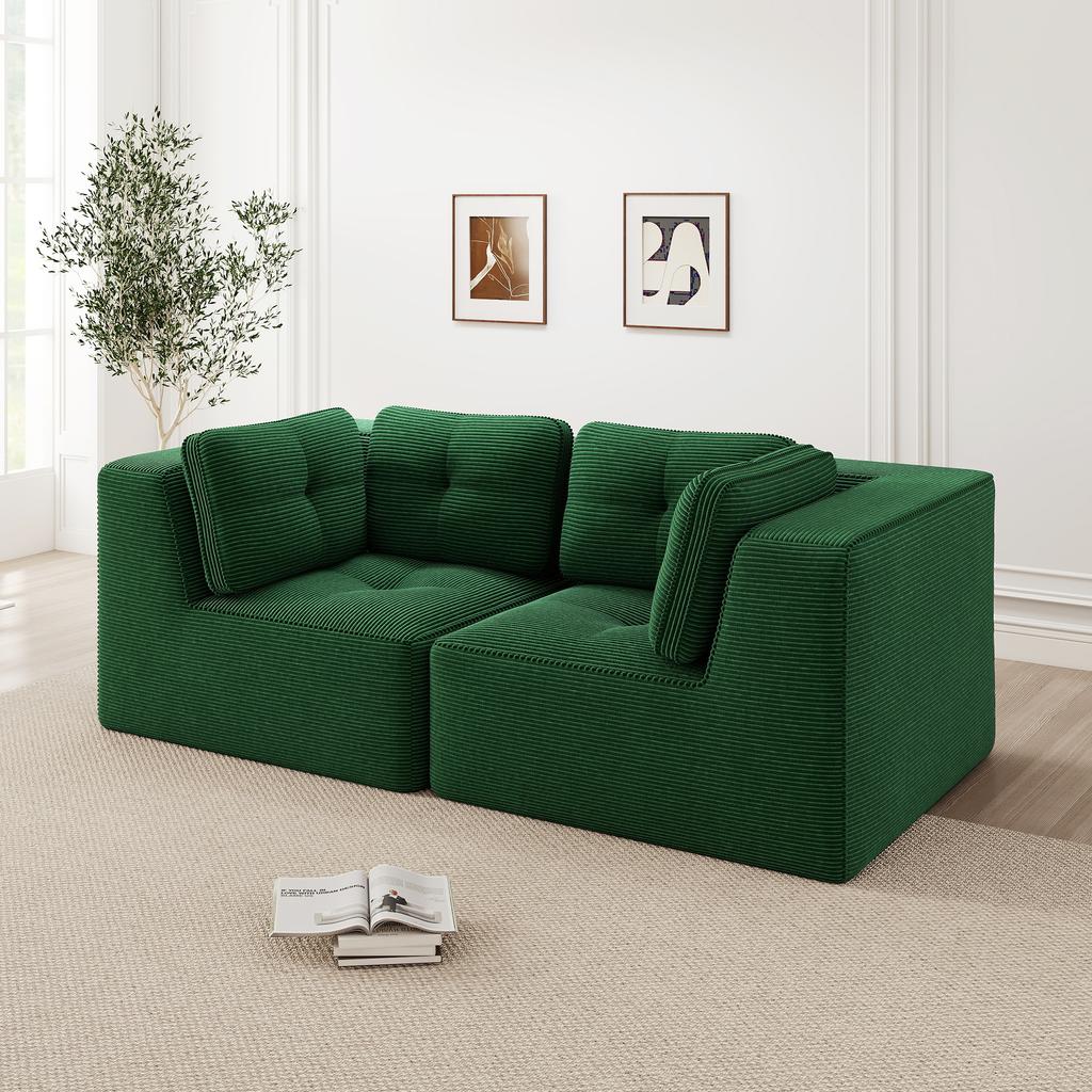 Modular and configurable corner sofa, two-seater frameless sofa, comfortable corduroy sofa, suitable for living room and bedroom, Green