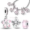Copper Pink Flower Cherry Blossom Dangle Charms Beads Fit Pandora Charming Bracelet Bead For Women Jewelry Gift