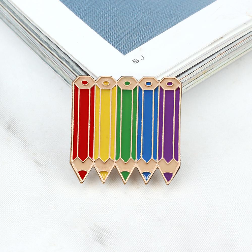 Cartoon Stationery Enamel Pin for Student Creative Rainbow Pen Pencil Ruler Chain Brooches Children Backpack Lapel Badge Jewelry