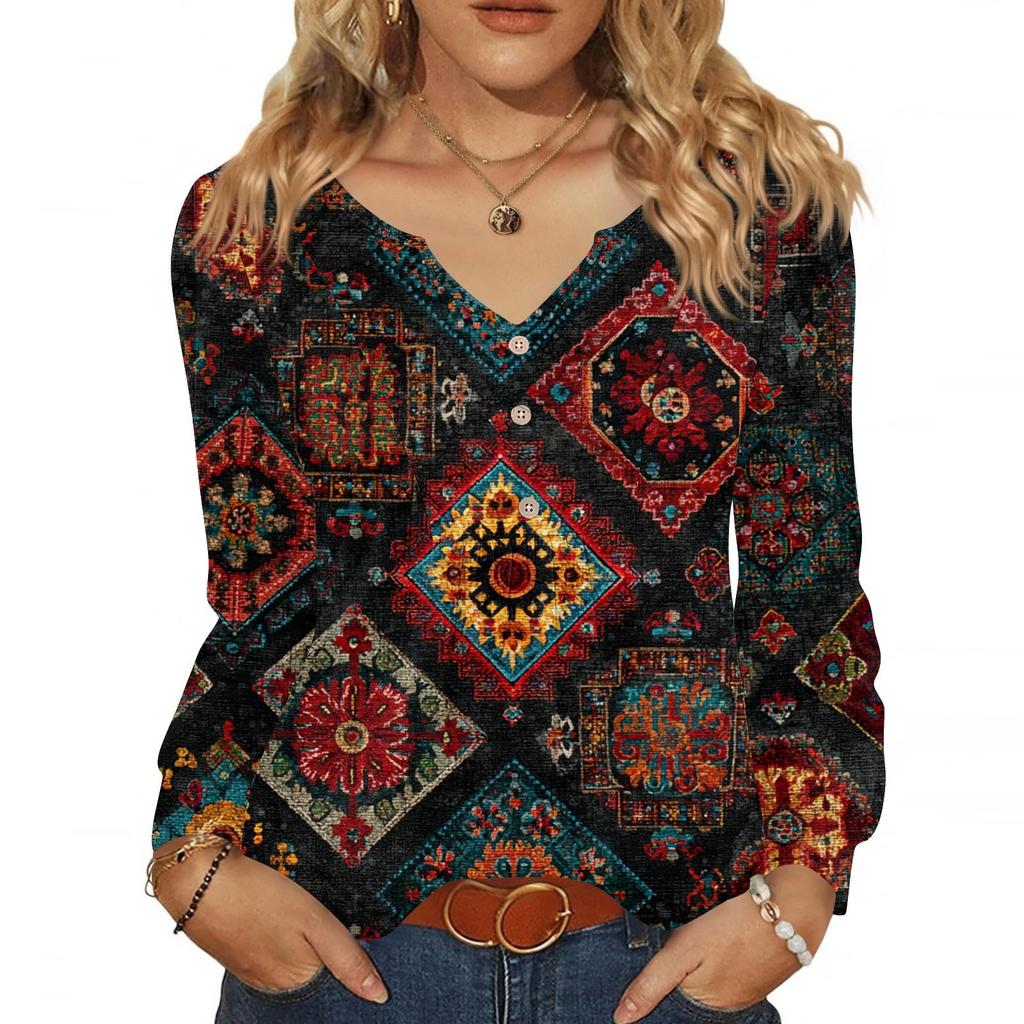 Dámská módní ležérní halenka s výstřihem do V, knoflíky, dlouhým rukávem, pulovrové tričko, top