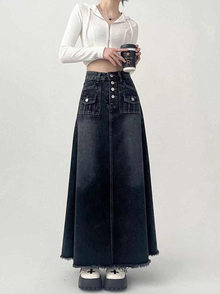 Women's Plus Size High Waist A-line Mid-length Denim Skirt - American Retro Style, Autumn Wear, Raw Edge, Flattering Fit