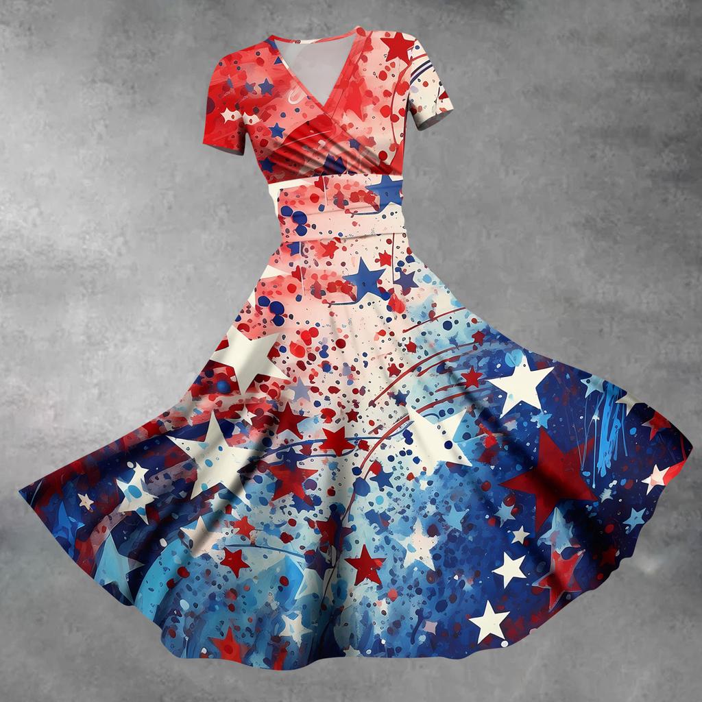Damenmode Lässiges Independence Day Bedrucktes Kurzarmkleid Elegantes Maxikleid