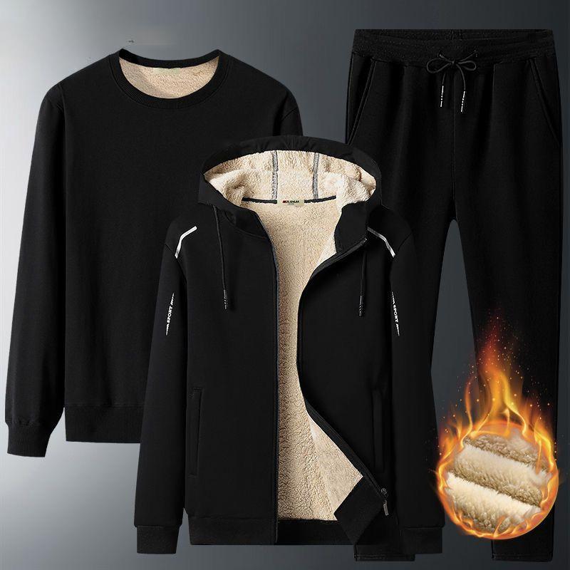 Plus Velvet Thickened Suit Men's Lamb Velvet Sports and Leisure Suit Winter Warm Three-piece Set Men