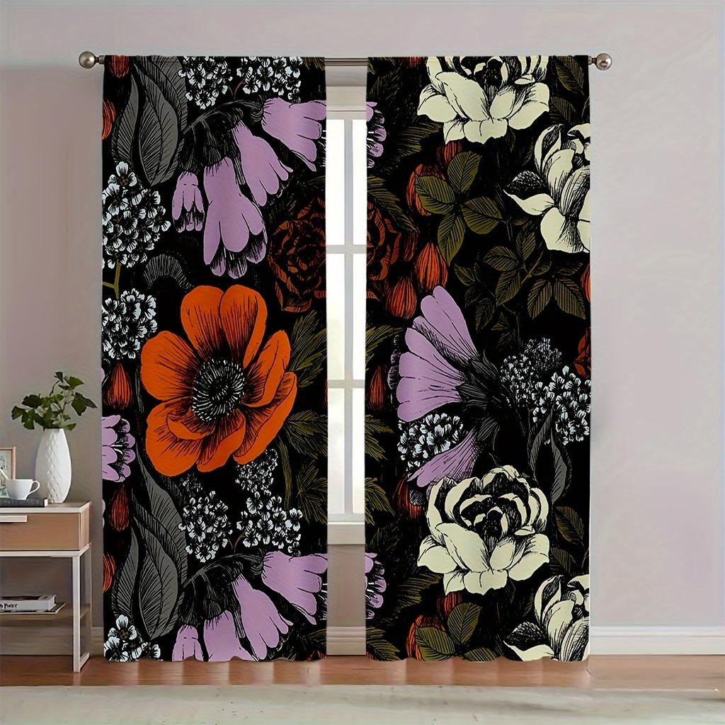 curtain2pcs Plant Floral Curtains- Vintage Flower Curtain, Dark Color Leaf Print Drapes for Bedroom, Living Room, Apartment
