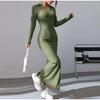 Women's Knit Dress Fall Casual Long Sleeve Lapel Collar Solid Color Bodycon Long Dresses Maxi for Female Going Out Streetwear