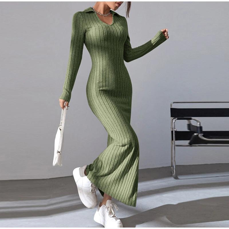 Women's Knit Dress Fall Casual Long Sleeve Lapel Collar Solid Color Bodycon Long Dresses Maxi for Female Going Out Streetwear