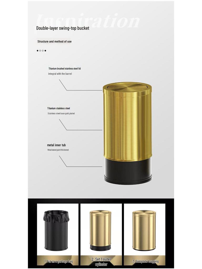 Stainless Steel Swing Lid Trash Can for Home and Kitchen, Light Luxury Design for Bathroom and Living Room.