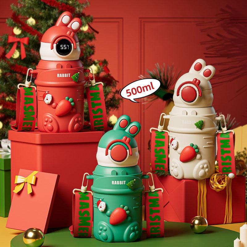 500ML Display Temperature Christmas Thermal Cup with Cup Sleeve Leak-Proof Children Straw Water Bottle Xmas Gifts Decoration