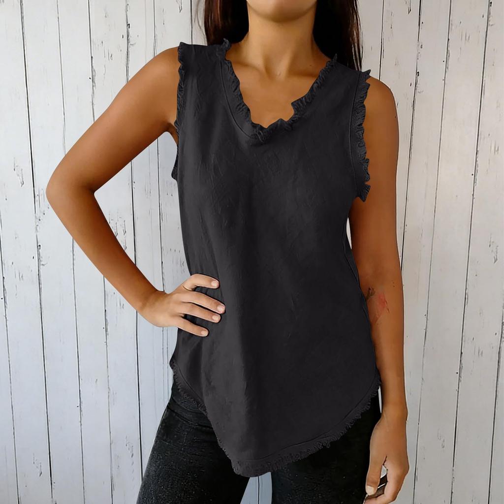 Women's Fashionable Color Round Neck Sleeveless Fringe Patchwork Casual Loose Cotton And Linen Top