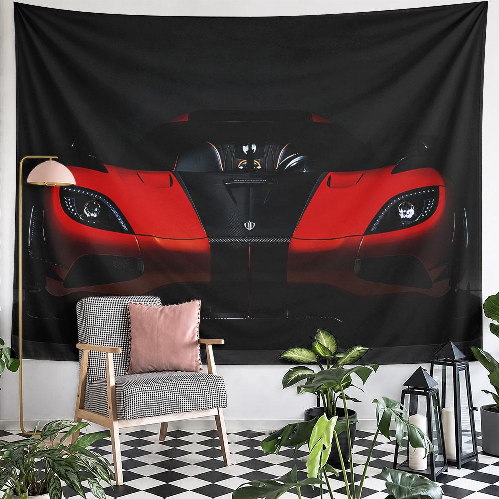 A striking red and black sports car with sleek, aerodynamic design. Patterned tapestry for bedroom and living room home decor