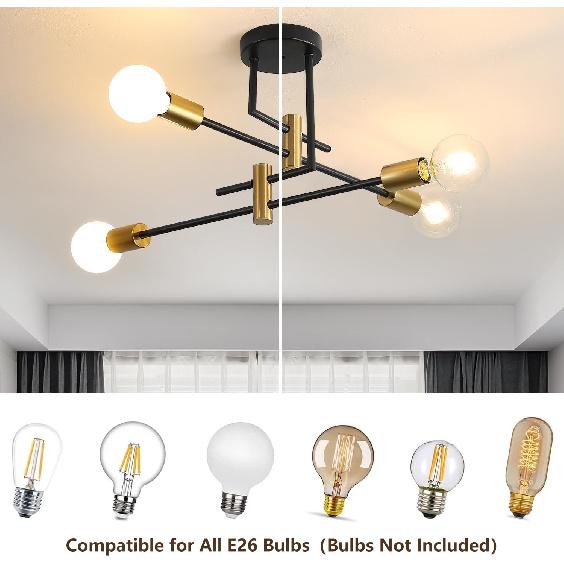 DELIPOP Sputnik Light Fixture, 4 Light Black and Gold Modern Sputnik Chandelier Ceiling Light, E26 Industrial Metal Semi Flush Mount Ceiling Light