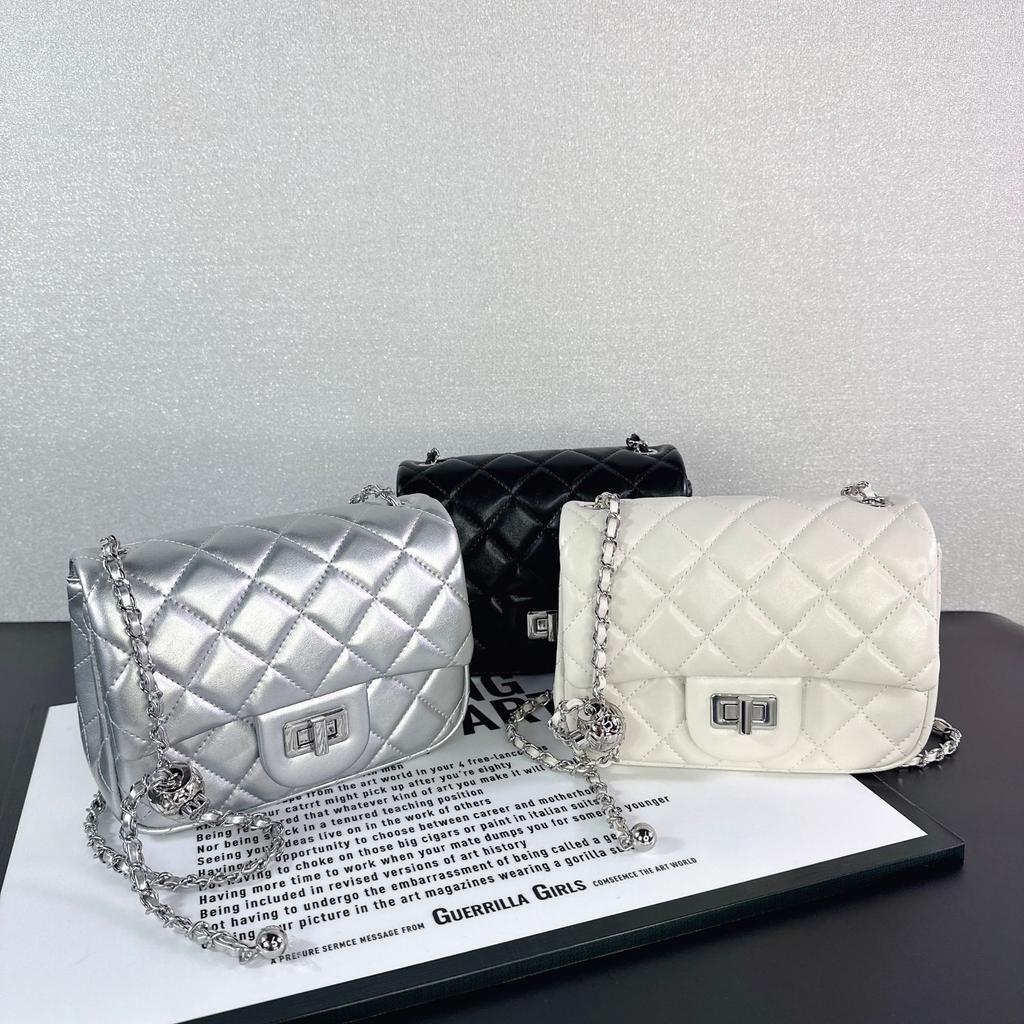 New sheepskin rhombus chain bag silver buckle gold ball square fat leather small square bag single shoulder messenger bag women