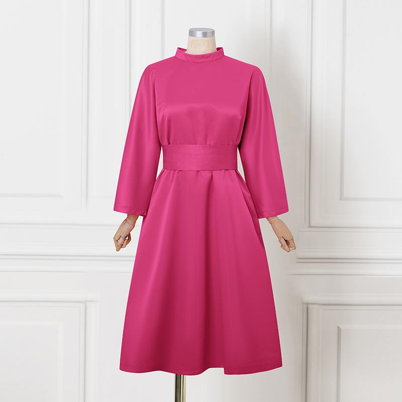 Oversized Women Stand Neck 3/4 Sleeve Bow Knot Belt Party Swing Dresses Nonelastic