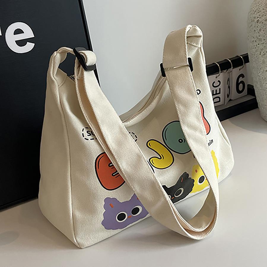 Canvas Bag Women's Large-capacity Bag New Fashion Cartoon Letter Casual Shoulder Messenger Bag