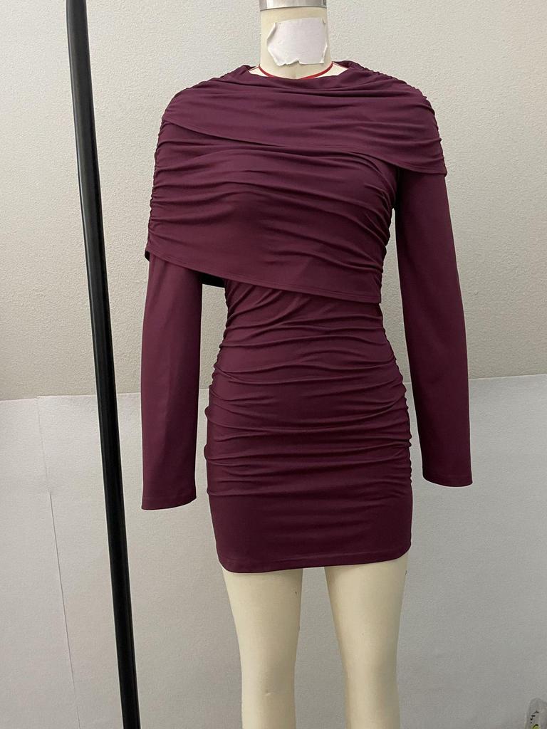 Elegant Women's Ruffled Shawl Dress - Slim-Fit, Long Sleeve, Hip-Hugging, Spring/Summer Fashion.