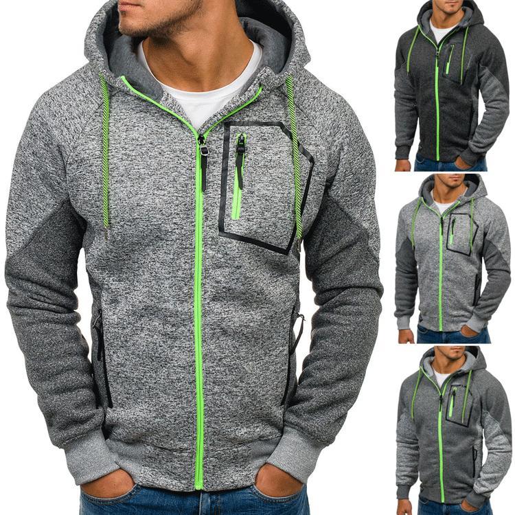 Autumn Winter Men's Hooded Jacket Solid Zipper Sports Pocket Casual Grey Sweatshirt Cardigan Coats