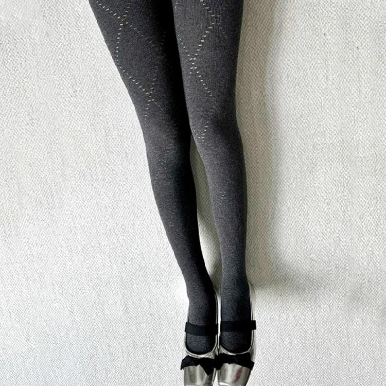 Women Hollowed Plaids Pattern Stockings Cotton Pantyhose Solid Color Winter Opaque Tights Bottoming Leggings Hosiery
