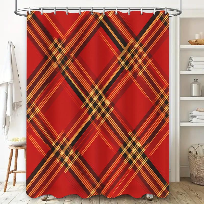 Classic Plaid Shower Curtain Waterproof Home Decor Bathroom Decorative Rug Cloth Fabric for Bathtub Curtains in Red and Beige Co