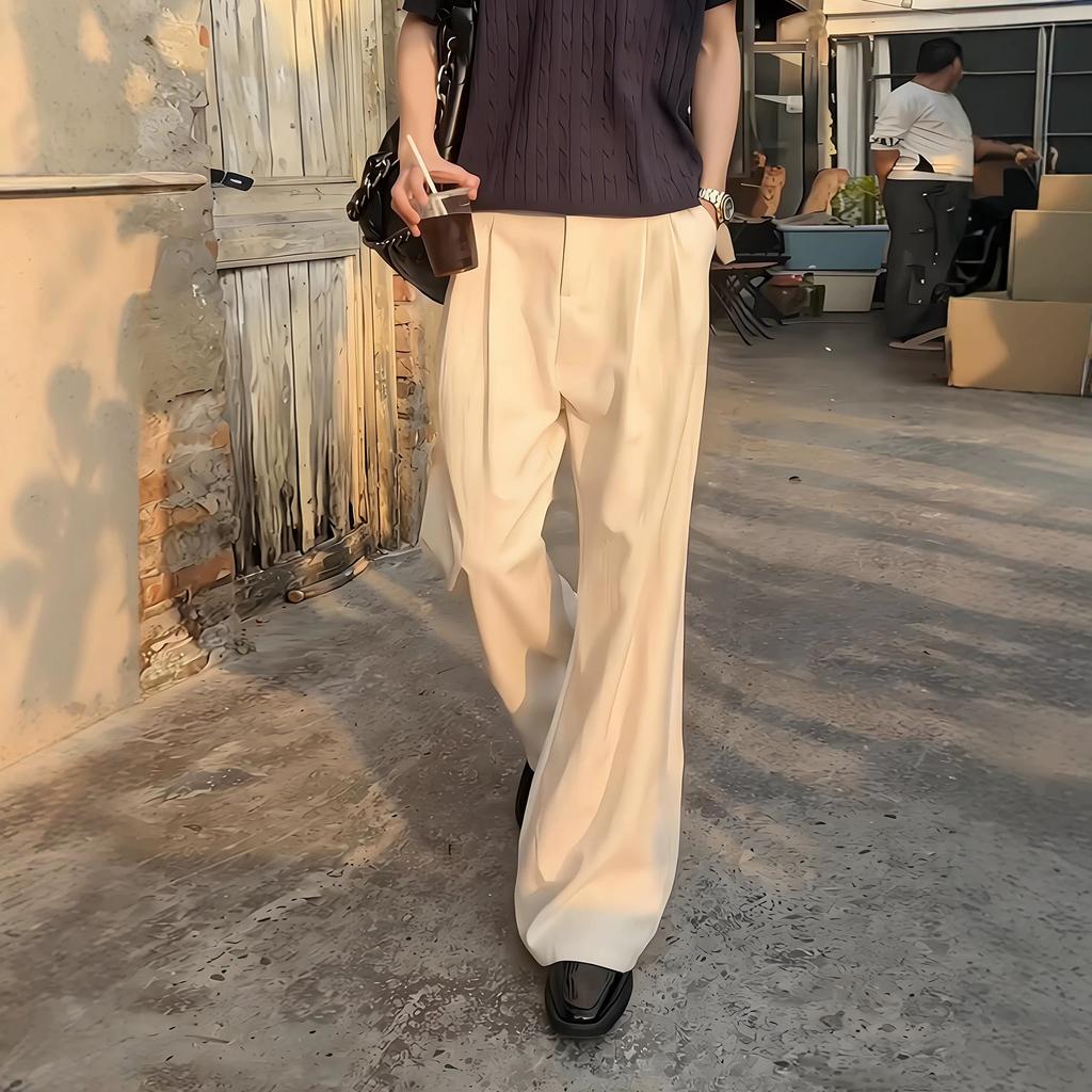 Tencel Blended White Linen Pants Men's Summer Husband Feeling Old Money Wind Wear Pants Straight Wide Leg Scimitar Pants