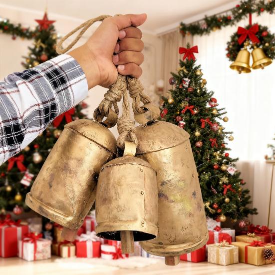 Vintage Metal Harmony Cow Bells Handmade Rustic Lucky Christmas Hanging Bells on Jute Rope for Wreath Wall Hanging Decor