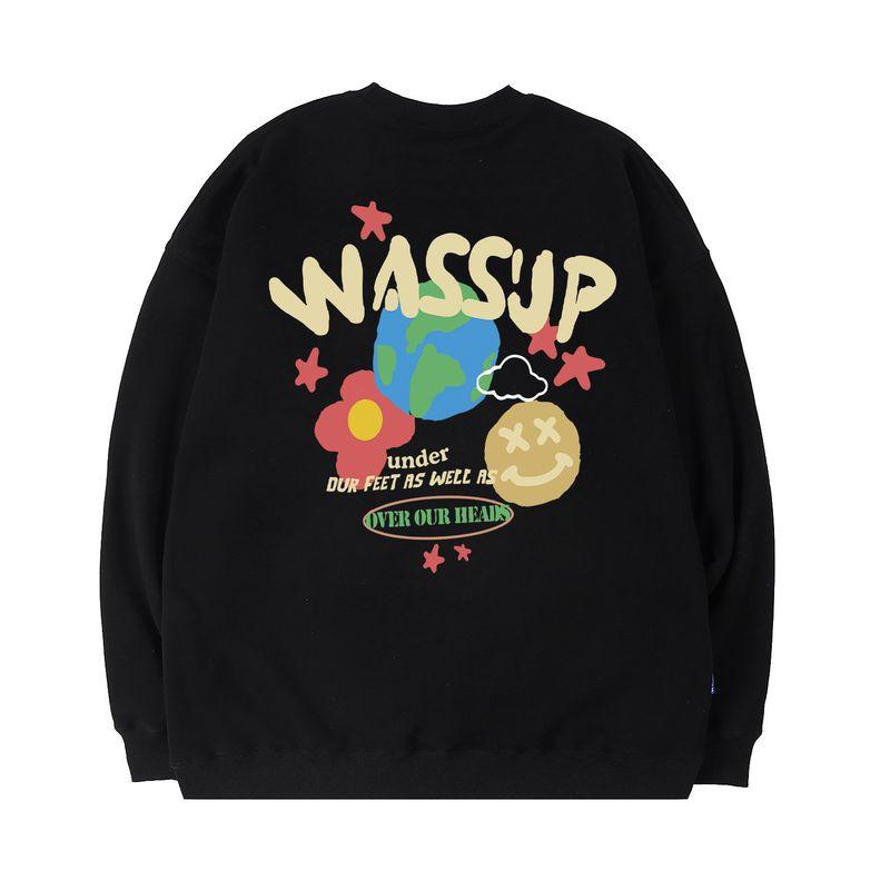 Wassup Heods American Trendy Brand Crew Neck Sweatshirt for Men and Women, Autumn and Winter Loose Casual Heavyweight Fleece Couple Tops