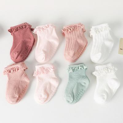Süße Baby Mädchen Socken Spitze Rüschen Baby Kurze Socken Einfarbig Anti Slip Gummi Sohlen Kinder Socken